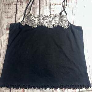 Lauren Ralph Lauren Black Ribbed Cotton Camisole with Floral Lace Trim-XL